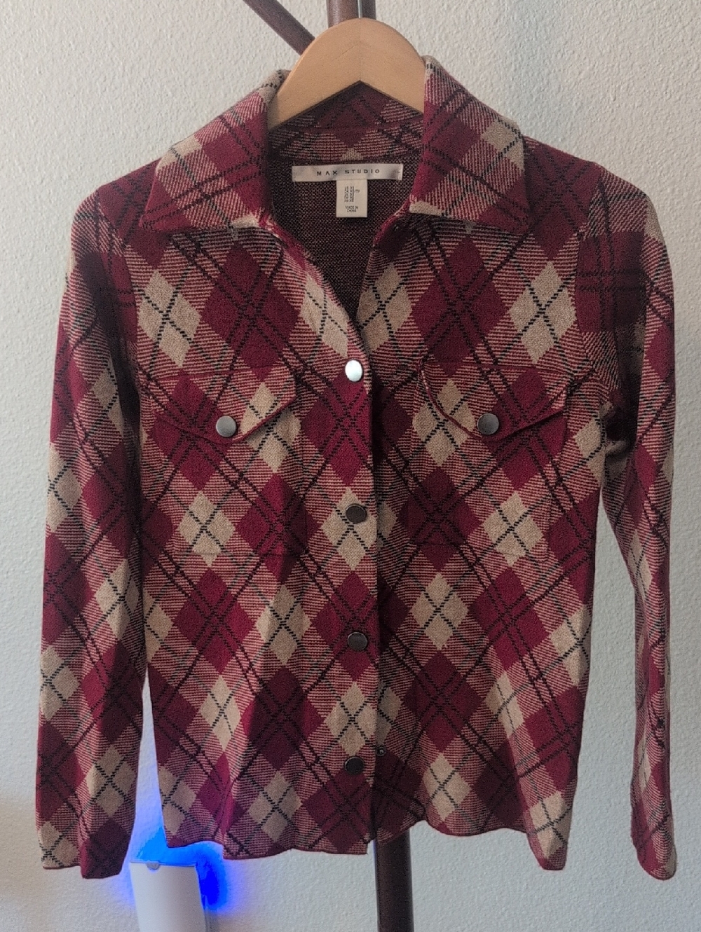 Max Studio Burgundy and Cream Plaid Jacket
